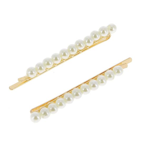 Barrettes dor&eacute;es perles align&eacute;es x 2