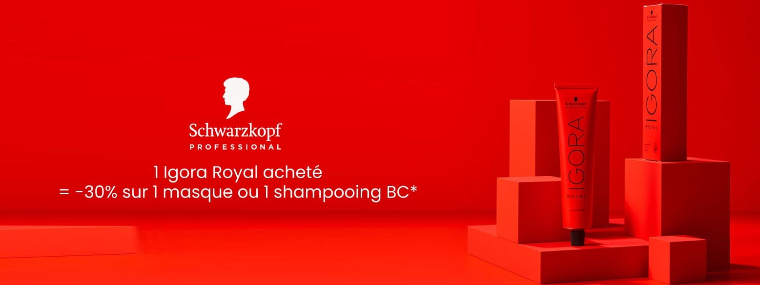 Schwarzkopf Professional : 1 produit Igora Royal acheté = -30% sur 1 masque ou 1 shampooing au choix de la gamme BC Bonacure. Schwarzkopf Professional : 1 produit Igora Royal acheté = -30% sur 1 masque ou 1 shampooing au choix de la gamme BC Bonacure.