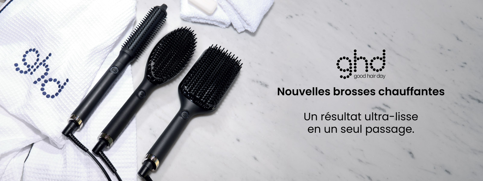 Nouvelles brosses chauffantes GHD : un résultat ultra-lisse en un seul passage.